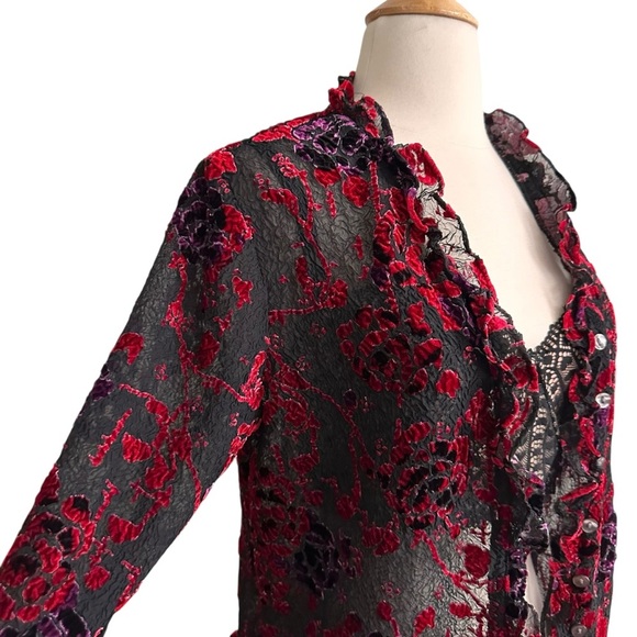 COLDWATER CREEK Sheer Velvet Burnout Ruffle Trim Floral Blouse Whimsigoth Small - Picture 8 of 14